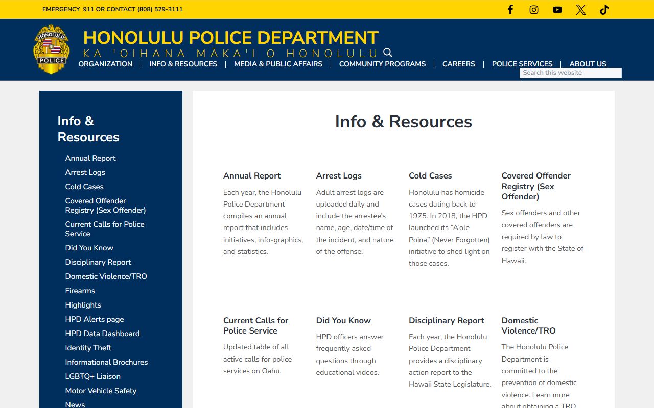 Urban Honolulu Honolulu Police Department records for inmate population requests