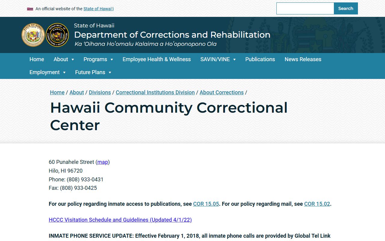 Hawaii County Hawaii Community Correctional Center inmate population intake facility