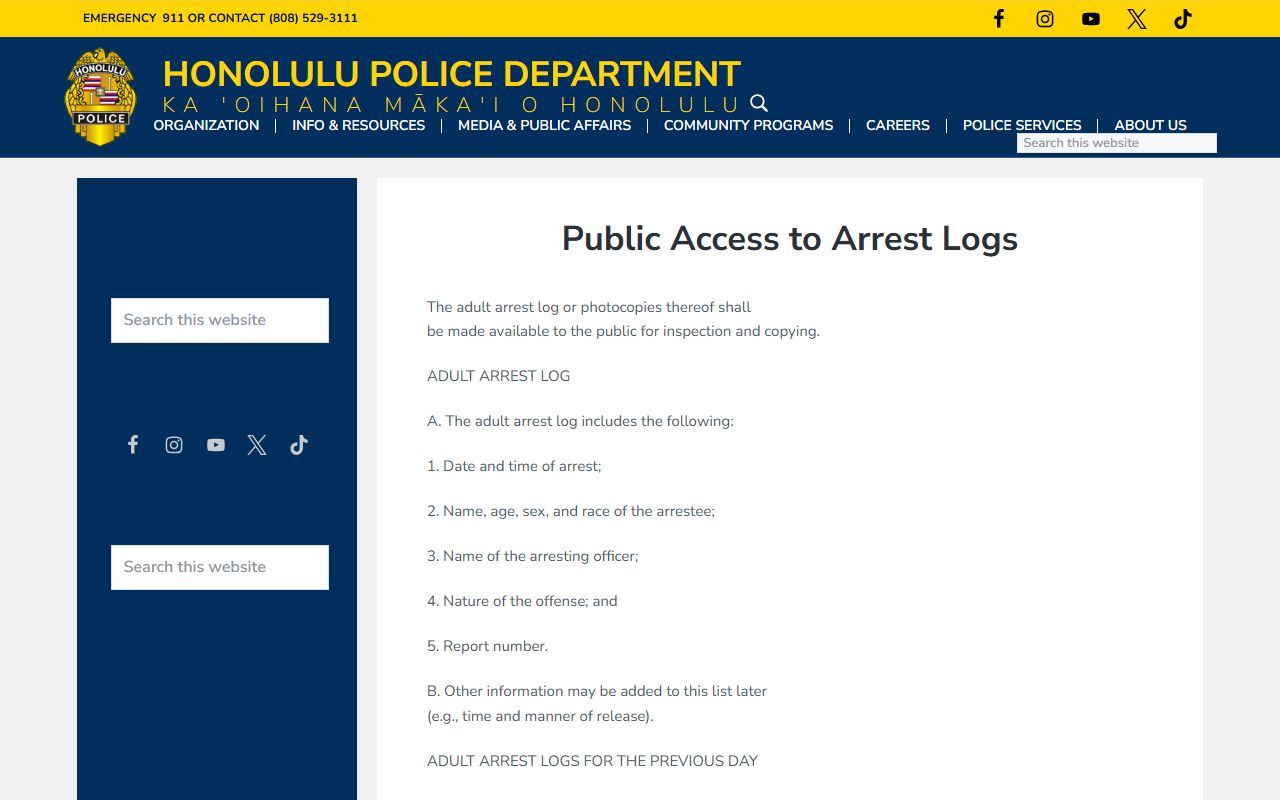 Honolulu County HPD arrest log portal for inmate population search