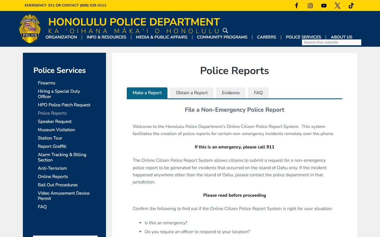 Honolulu County HPD police reports request page for inmate population records