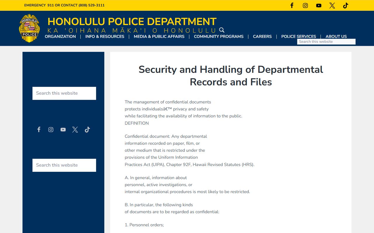 Honolulu County HPD records security policy for inmate population disclosure