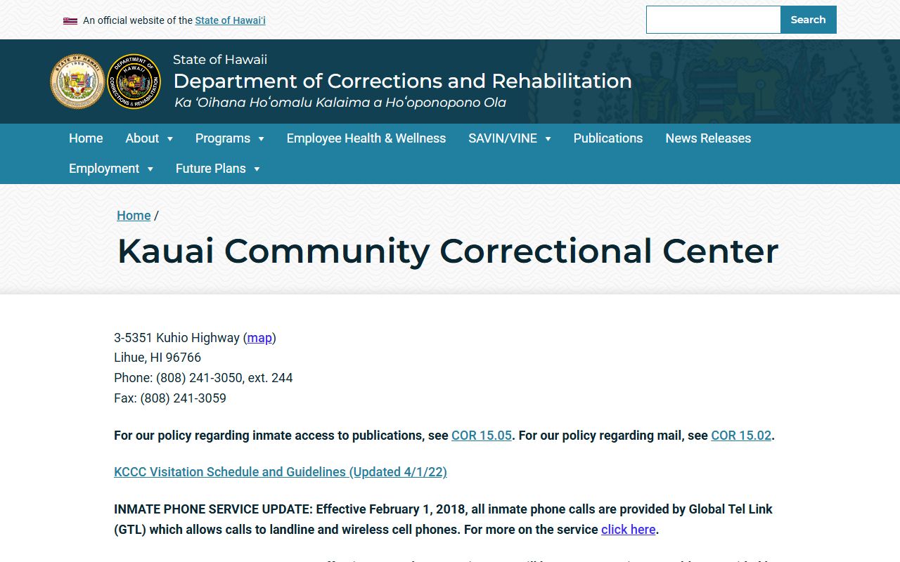 Kauai County Kauai Community Correctional Center inmate population jail facility