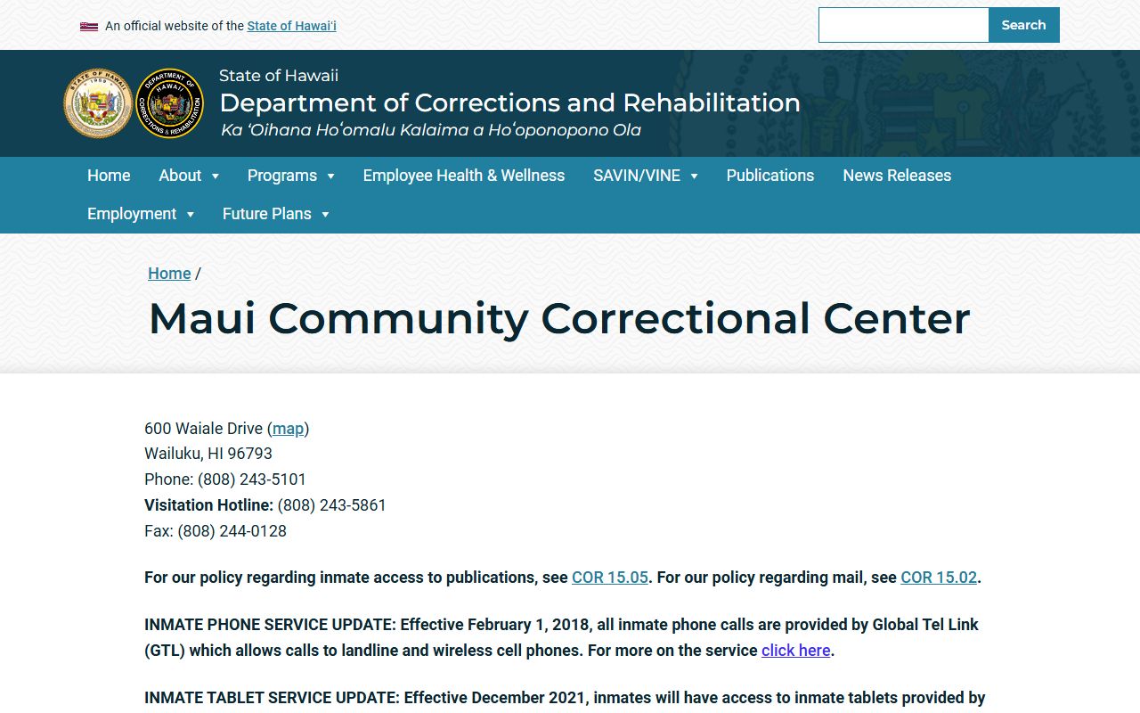 Maui County Maui Community Correctional Center inmate population intake facility
