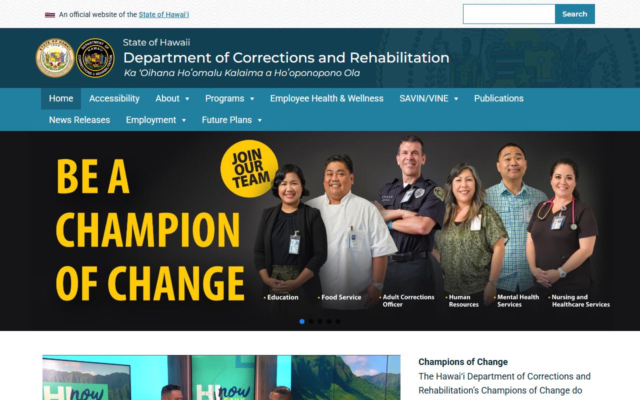 Hawaii Department of Corrections and Rehabilitation homepage for inmate population records