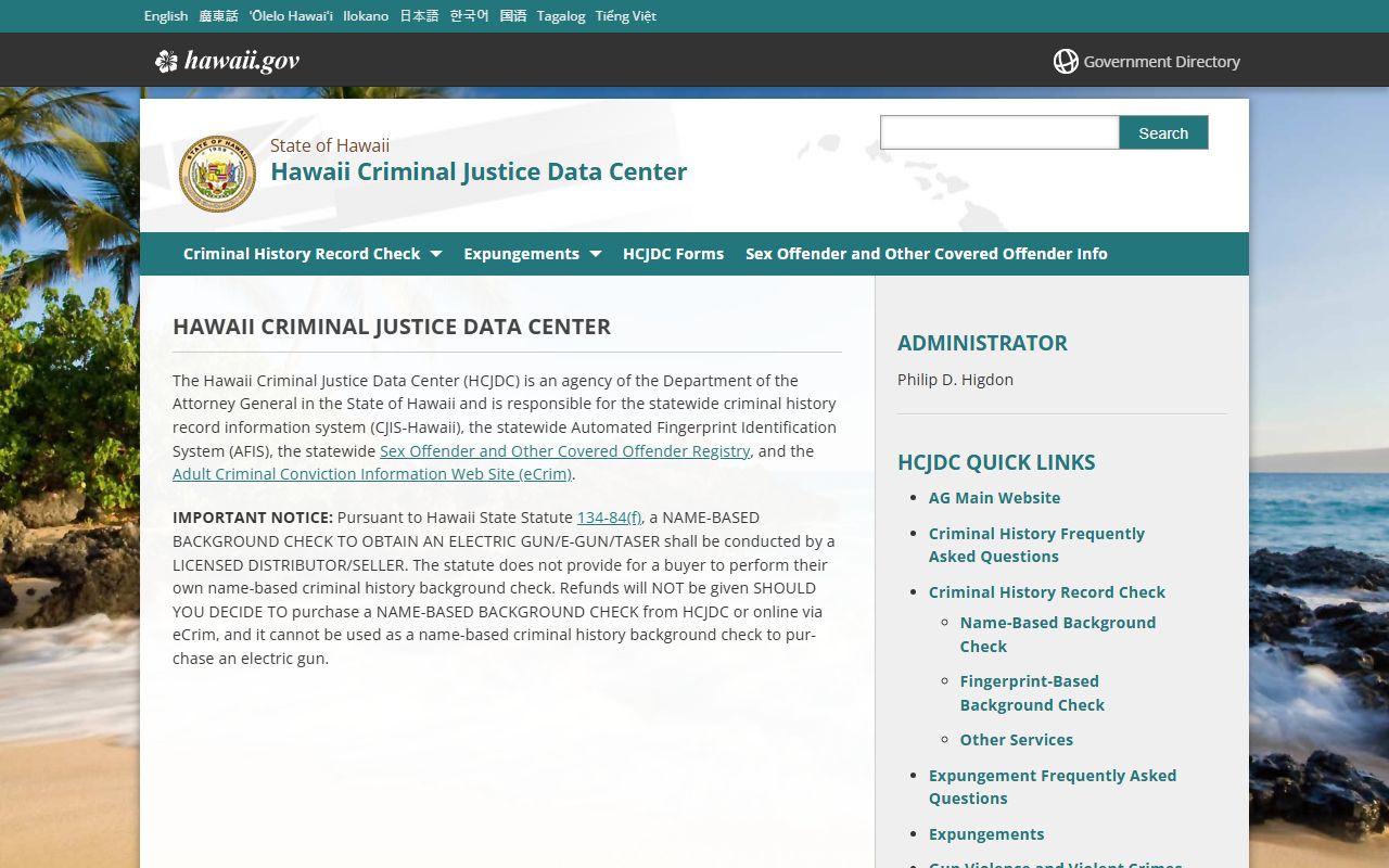 Hawaii Criminal Justice Data Center page for Hawaii inmate population