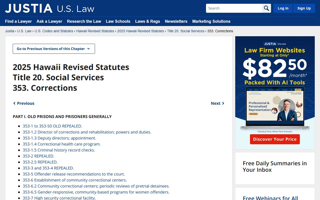 Hawaii Revised Statutes Chapter 353 for inmate population