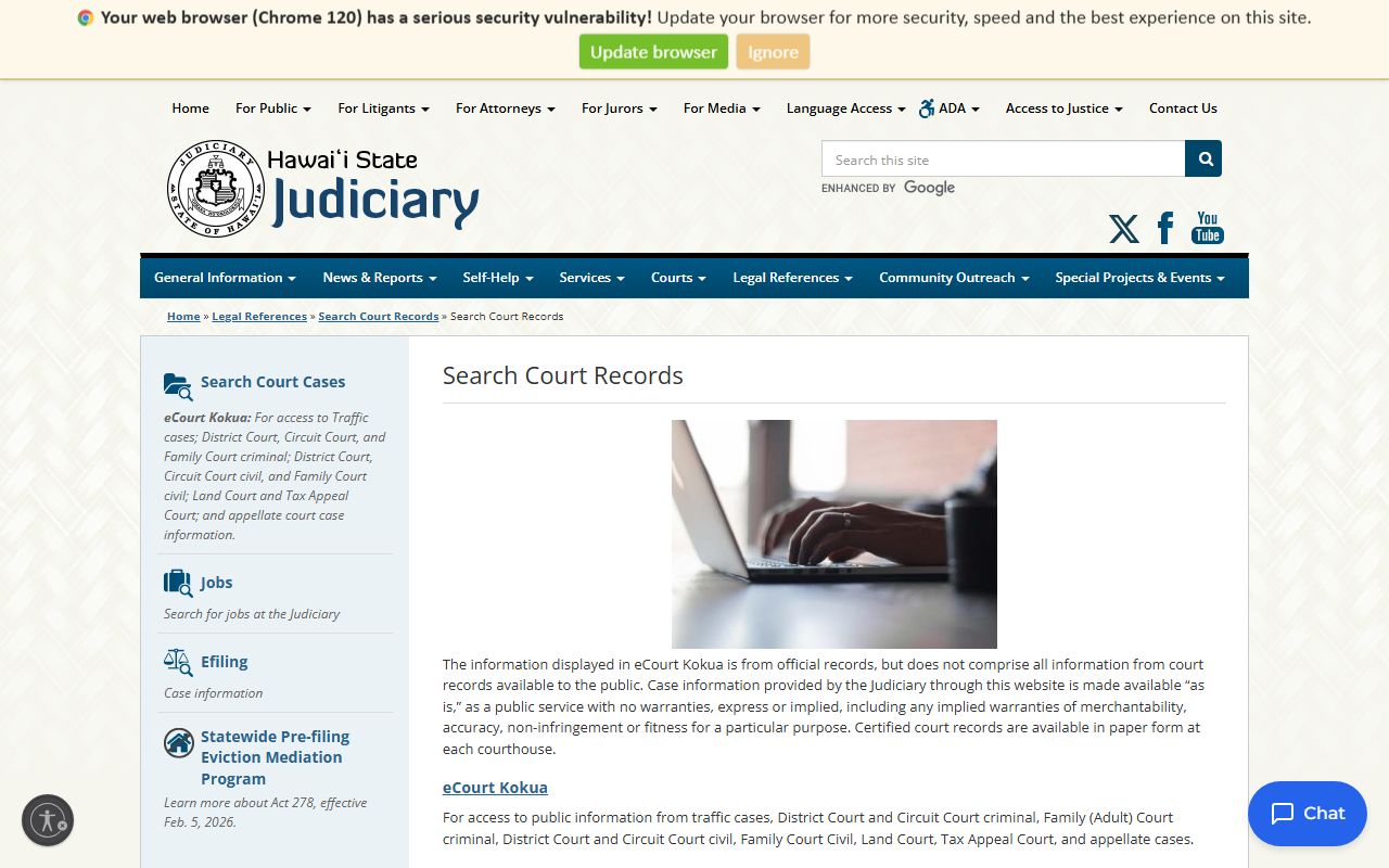 Hawaii State Judiciary eCourt Kokua search page for inmate cases
