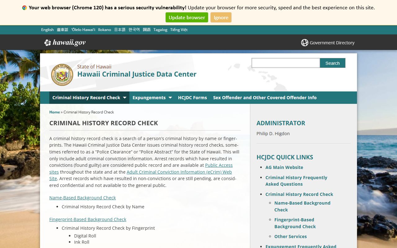 Hawaii HCJDC criminal history records check process for inmate records