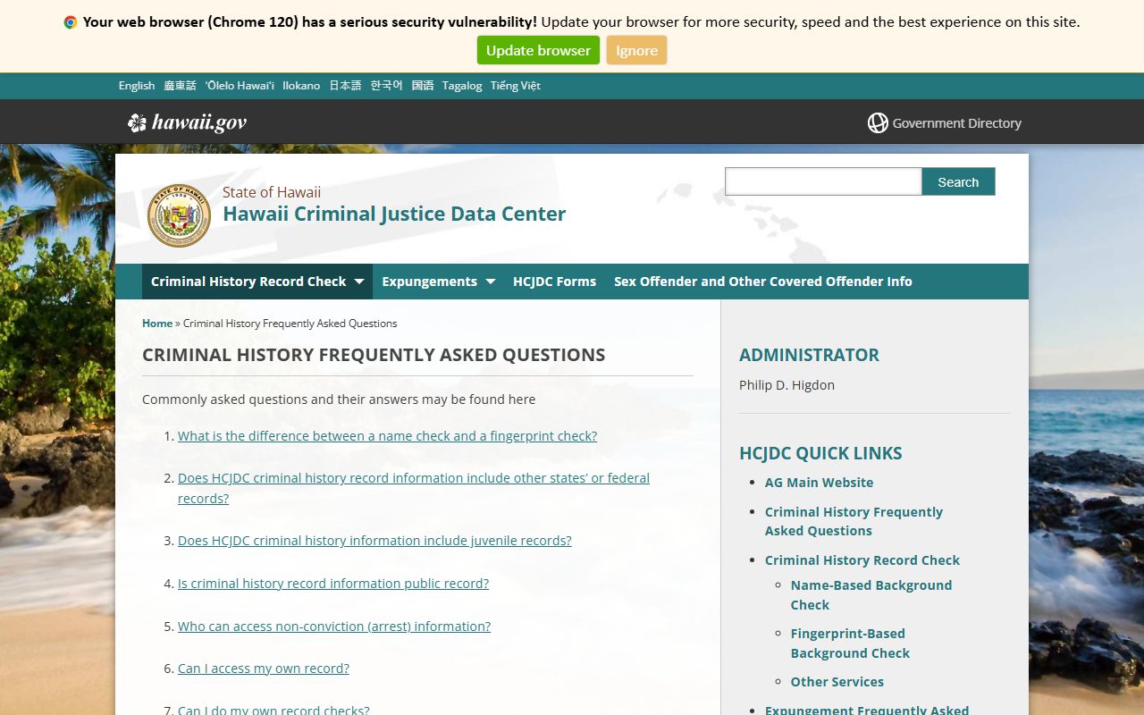 HCJDC criminal history FAQ for Hawaii inmate population lookups